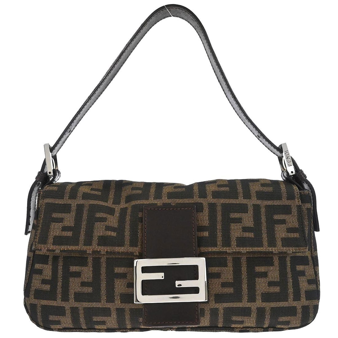 Fendi Zucca Canvas Baguette Shoulder Bag Brown Medium with Silver Hardware: Fendi Zucca Canvas Baguette Shoulder Bag Brown Medium with Silver Hardware This Fendi Brown Zucca Baguette Handbag features the signature Fendi logo canvas exterior with silver-tone hardware. Designed