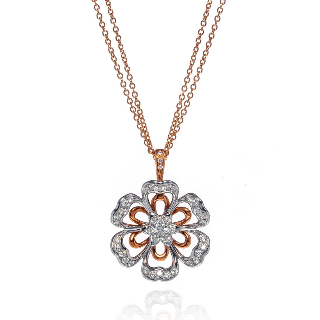 Luca Carati 18K Rose White Gold Diamond Flower Pendant Necklace 1.11cttw: Luca Carati 18K Rose White Gold Diamond Flower Pendant Necklace 1.11cttw This exquisite Luca Carati pendant necklace showcases a stunning floral design crafted from 18K rose and white gold, featuring