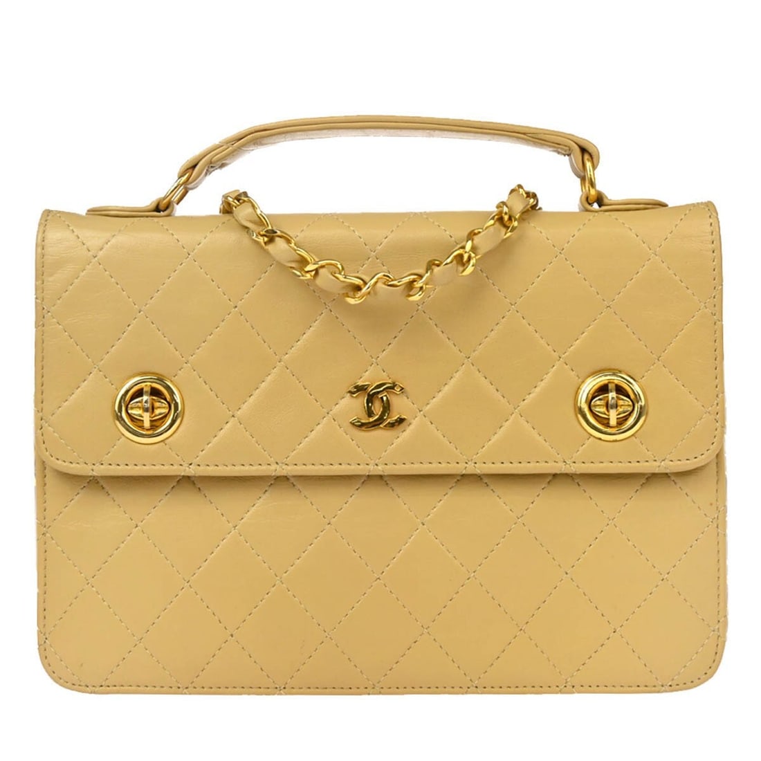 Chanel Beige Lambskin 2-Way Shoulder Bag with Turnlock Closure: Chanel Beige Lambskin 2-Way Shoulder Bag with Turnlock Closure This Chanel Beige Lambskin 2-way Shoulder Handbag is a stylish and versatile accessory perfect for casual occasions. It features a quilte