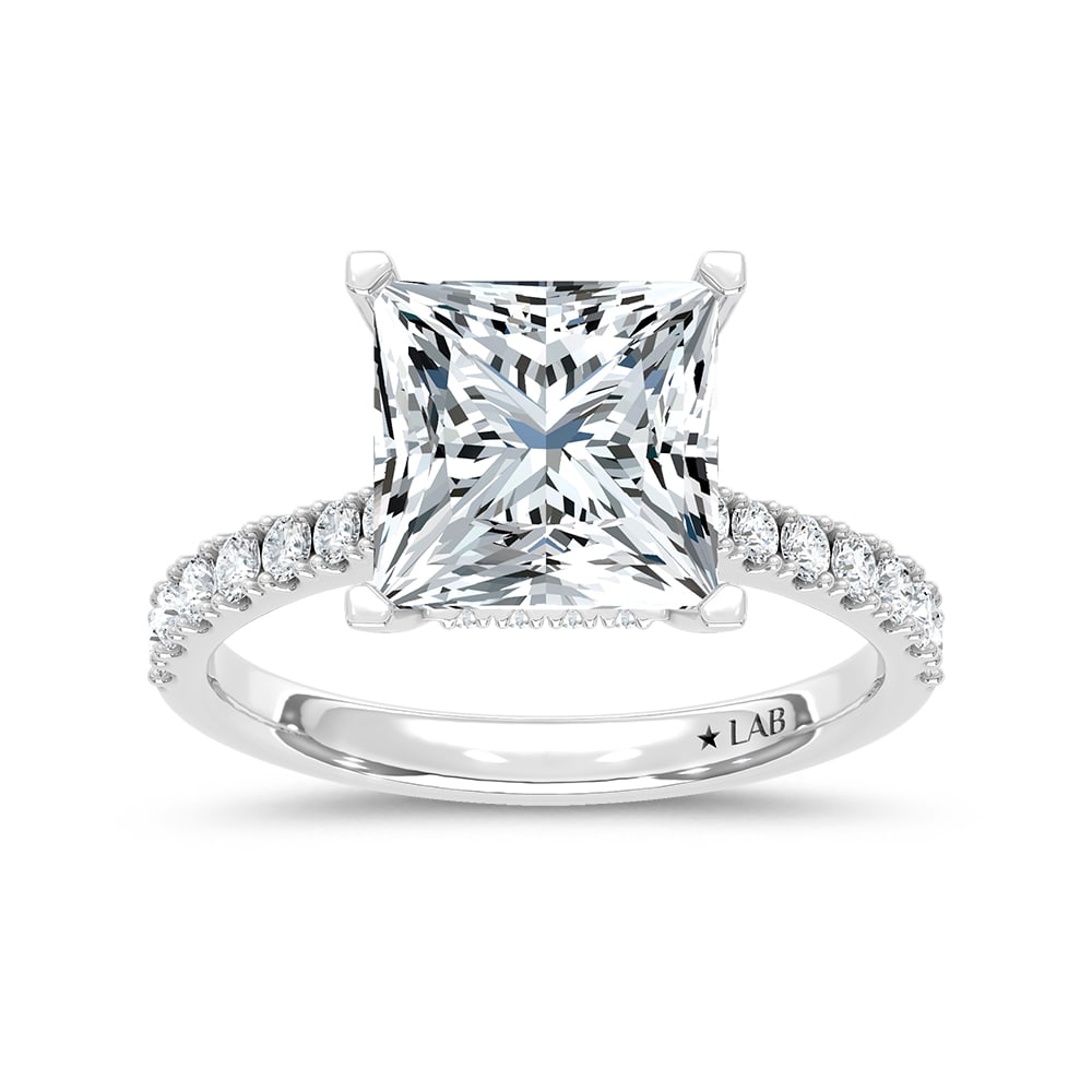 14K White Gold Lab Grown Diamond 3 3/8 Ct.Tw. Princess Shape Hidden Halo Engagement Ring: 14K White Gold Lab Grown Diamond 3 3/8 Ct.Tw. Princess Shape Hidden Halo Engagement Ring Discover subtle brilliance and modern elegance with our Hidden Halo Diamond Engagement Ring. This elegant engag