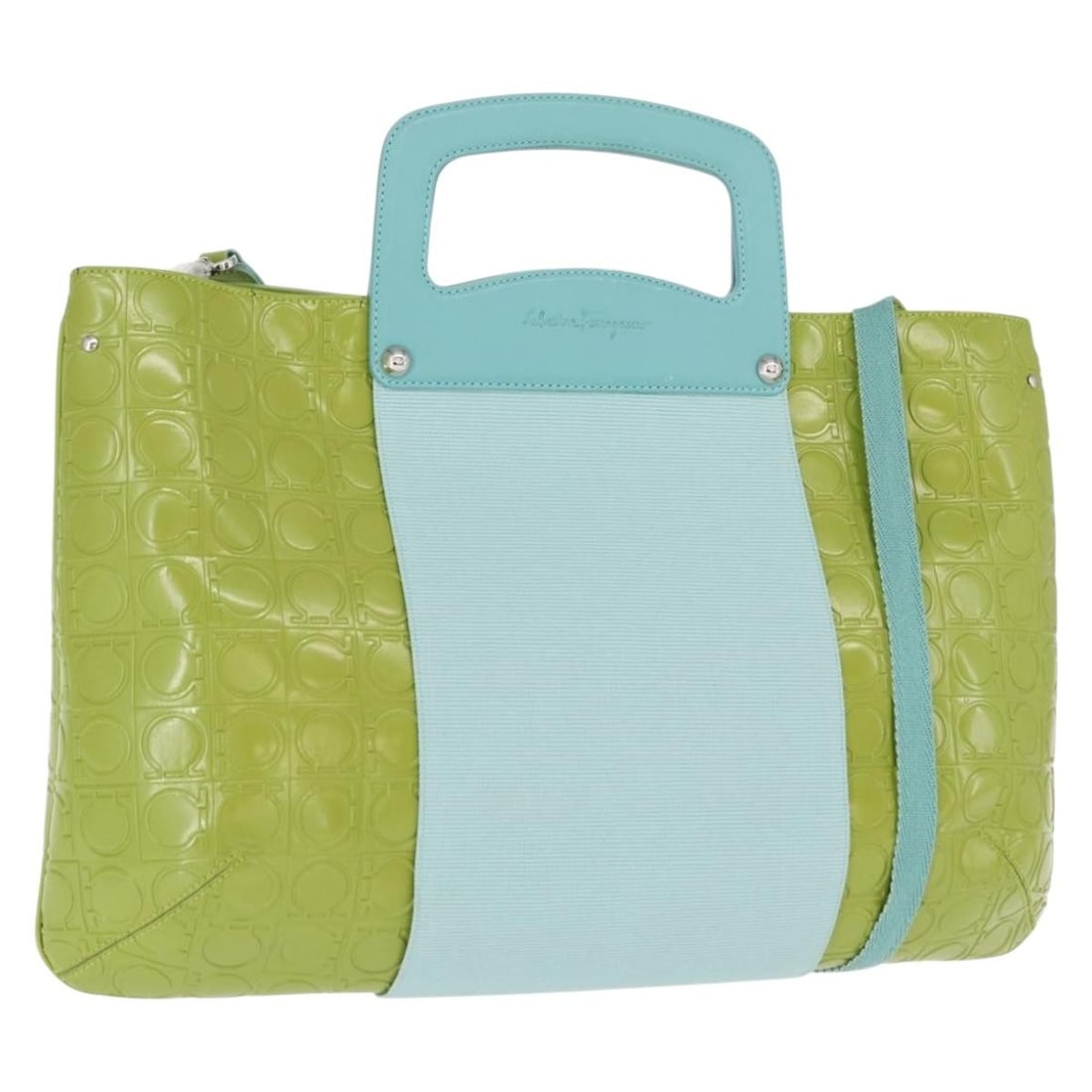 Green Patent Leather 2way Handbag by Salvatore Ferragamo with Silver Accents: Green Patent Leather 2way Handbag by Salvatore Ferragamo with Silver Accents This Salvatore Ferragamo handbag is crafted from green patent leather with silver-tone accents. Designed for versatile use,