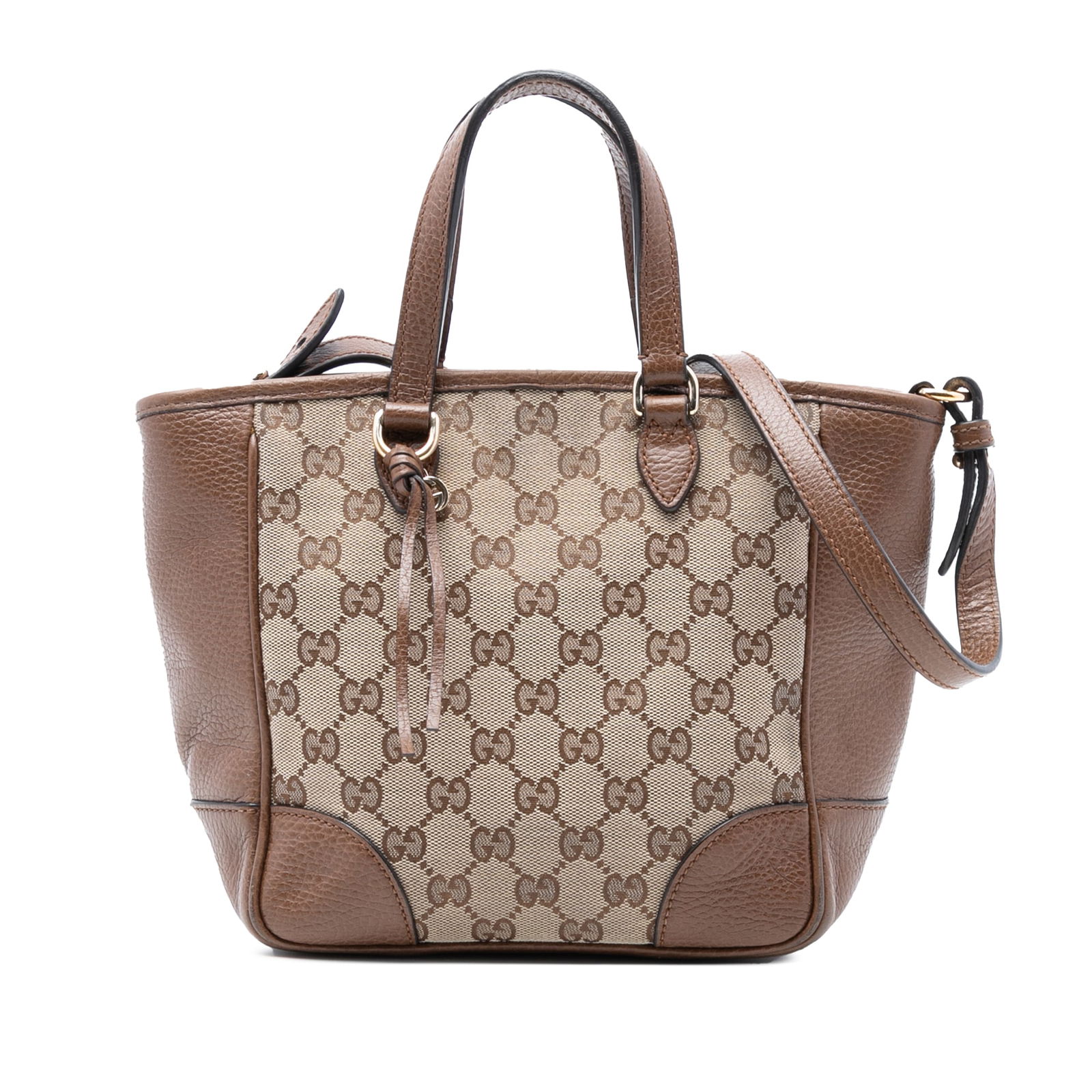 Gucci Bree Small Brown GG Canvas Satchel with Leather Trim and Strap: Gucci Bree Small Brown GG Canvas Satchel with Leather Trim and Strap This Gucci Small GG Canvas Bree Satchel features a brown canvas body with leather trim, flat leather handles, and a detachable flat