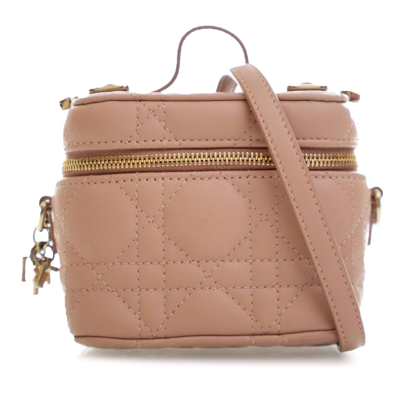 Dior Lady Dior Micro Vanity Bag in Brown Quilted Lambskin Leather: Dior Lady Dior Micro Vanity Bag in Brown Quilted Lambskin Leather This Micro Lady Dior vanity case showcases a quilted lambskin leather body in brown, featuring a flat top handle, a detachable shoulde