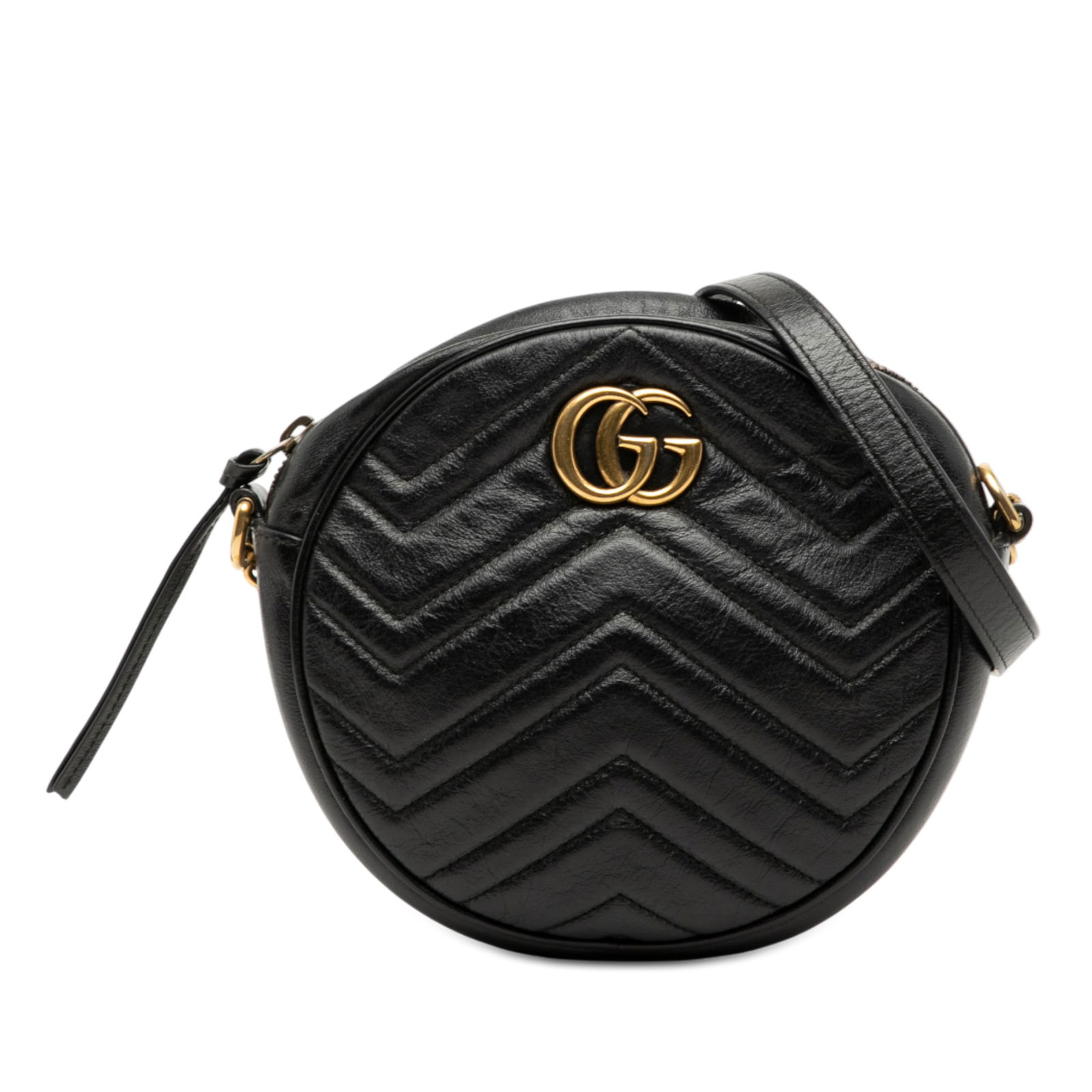 Gucci GG Marmont Mini Black Matelasse Leather Round Crossbody Bag: Gucci GG Marmont Mini Black Matelasse Leather Round Crossbody Bag This Gucci Mini GG Marmont Matelasse Leather Round Crossbody features a black leather body with a round silhouette, a gold-tone curb c
