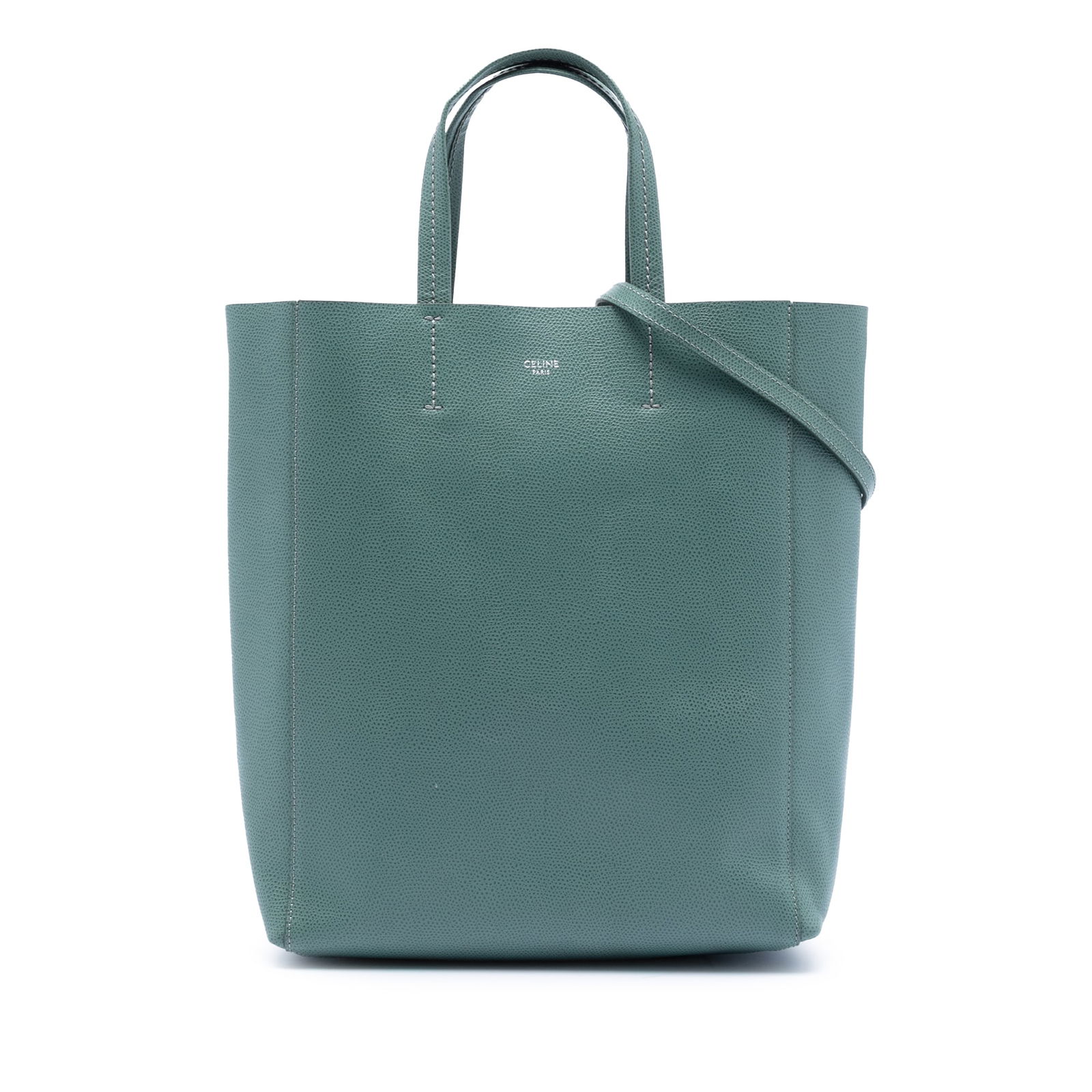Celine Vertical Cabas Tote Small Green Grained Leather with Strap: Celine Vertical Cabas Tote Small Green Grained Leather with Strap This Celine Small Grained Calfskin Vertical Cabas Tote features a green leather body with flat leather handles, a detachable flat leat