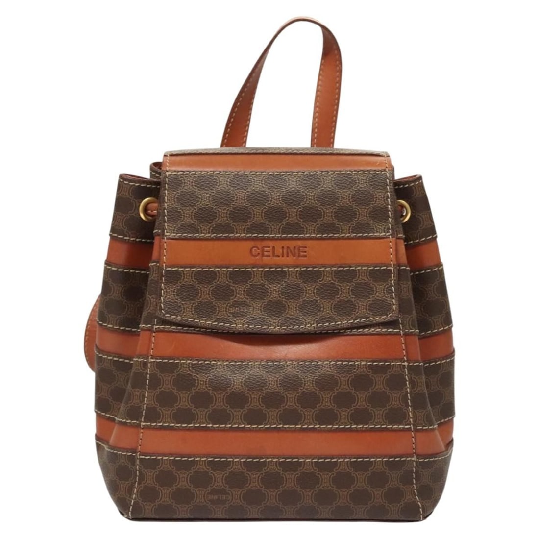 Macadam Brown Canvas Drawstring Backpack by Celine: Macadam Brown Canvas Drawstring Backpack by Celine This Celine vintage drawstring flap backpack features the iconic Macadam coated canvas in brown, designed for women. The bag is crafted in Italy and