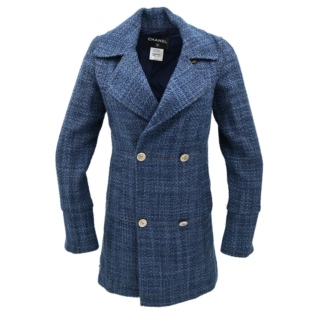 Chanel Vintage Double Breasted Blue Jacket P39399V28323 #36: Chanel Vintage Double Breasted Blue Jacket P39399V28323 #36 Elevate your wardrobe with this stunning Chanel Double Breasted Jacket in a rich blue hue. Crafted from a luxurious blend of materials,