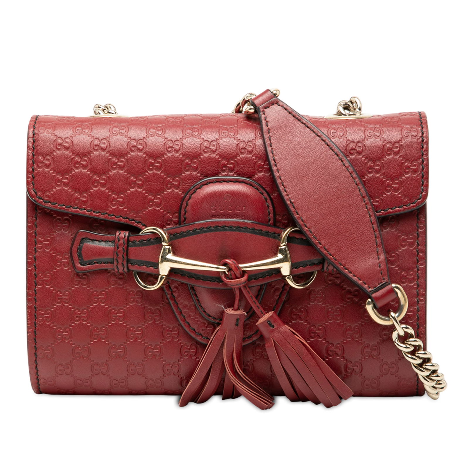 Red Gucci Mini Emily Microguccissima Leather Crossbody Bag with Tassel Accent: Red Gucci Mini Emily Microguccissima Leather Crossbody Bag with Tassel Accent This Gucci Mini Microguccissima Emily Crossbody features an embossed leather body in red, a curb chain strap, a front flap