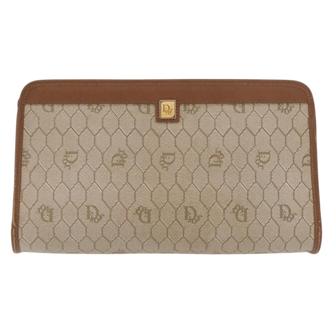Vintage Christian Dior Beige Canvas Honeycomb Zip Pouch: Vintage Christian Dior Beige Canvas Honeycomb Zip Pouch This Christian Dior vintage zip pouch features a beige honeycomb canvas exterior complemented by leather details. Designed for women, the pouch