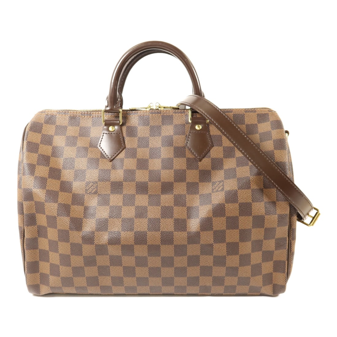 Speedy Bandouliere 35 Brown Canvas Shoulder Bag with Gold Hardware: Speedy Bandouliere 35 Brown Canvas Shoulder Bag with Gold Hardware This Louis Vuitton Speedy Bandouliere 35 is a versatile 2-way shoulder bag crafted from durable brown Damier-pattern PVC coated canva