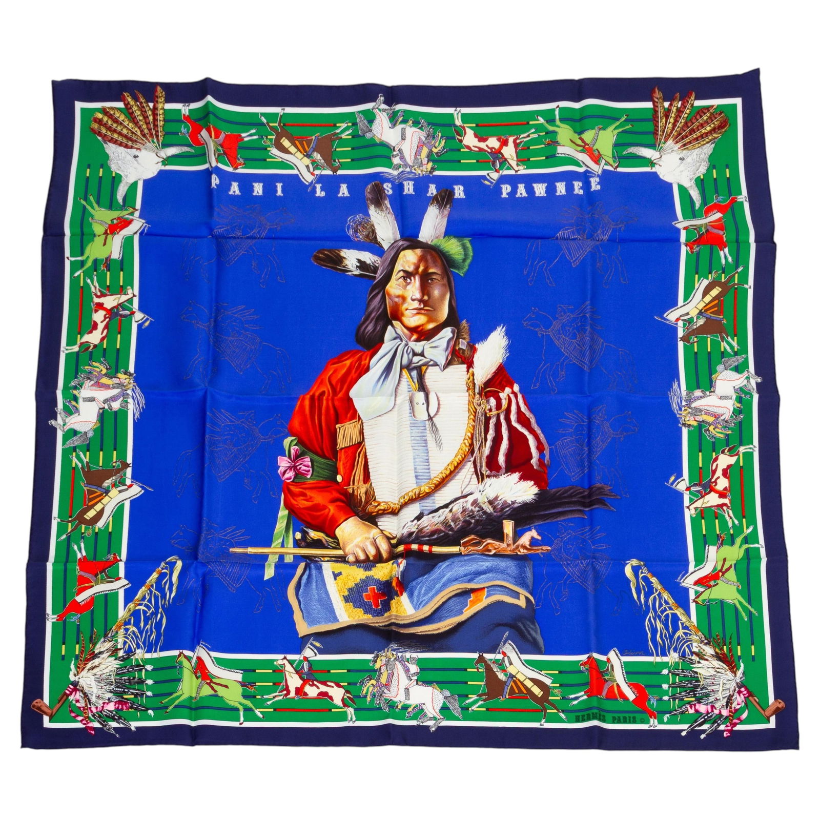 Hermes Pani La Shar Pawnee Green Blue Silk Scarf by Kermit Oliver: Hermes Pani La Shar Pawnee Green Blue Silk Scarf by Kermit Oliver This Hermes "Pani La Shar Pawnee" silk scarf features a striking green and blue color combination, designed by Kermit Oliver. The scar