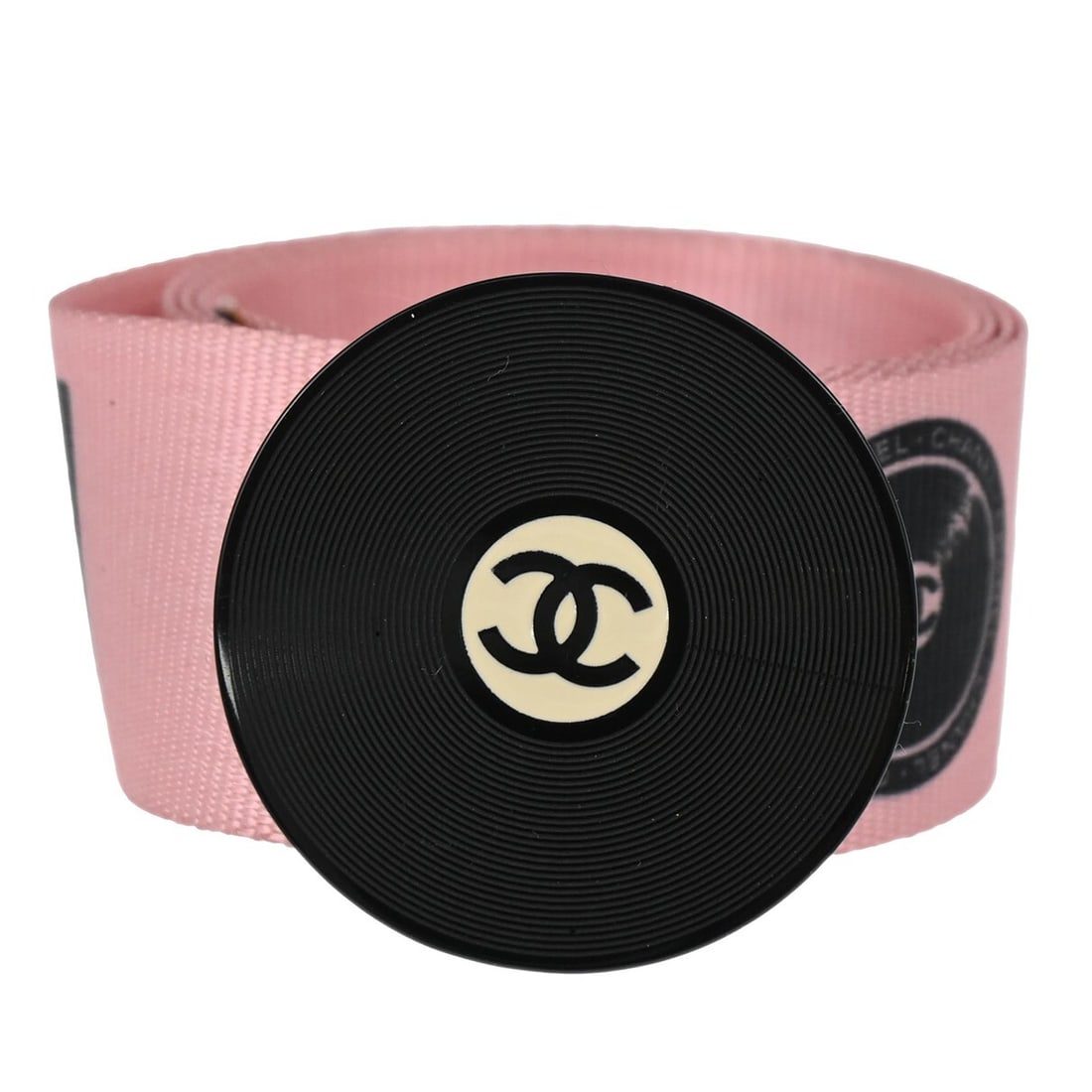 Chanel Adjustable Pink Black Nylon Waist Belt 04P #85/34: Chanel Adjustable Pink Black Nylon Waist Belt 04P #85/34 This stylish Chanel Record Belt features a unique combination of pink and black colors, perfect for adding a pop of color to your outfit. Desig