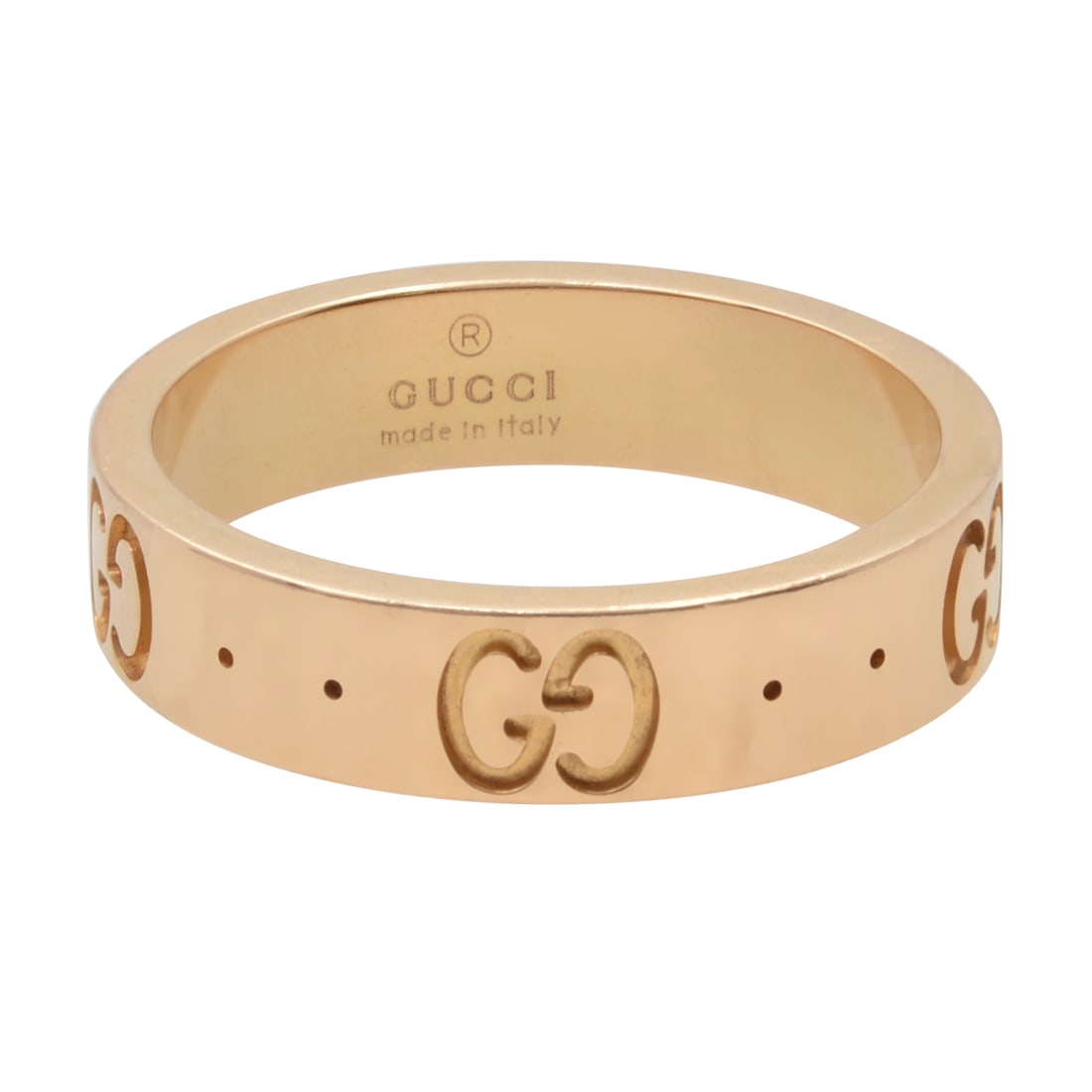 Gucci Icon 18k Rose Gold Band Ring Size 4 with GG Logo: Gucci Icon 18k Rose Gold Band Ring Size 4 with GG Logo Elevate your style with this stunning Gucci Icon ring, expertly crafted from 18k rose gold. This elegant band features the iconic Gucci GG logo e