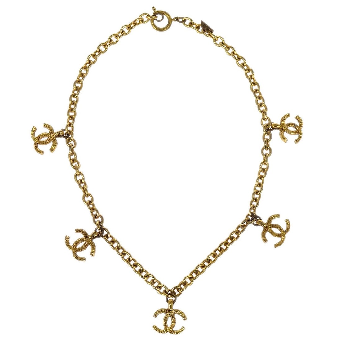 Gold Tone Chain Necklace with CC Charm by Chanel: Gold Tone Chain Necklace with CC Charm by Chanel This Chanel necklace features a gold-tone chain and a signature CC charm pendant. The piece showcases classic Chanel style and is crafted with attentio