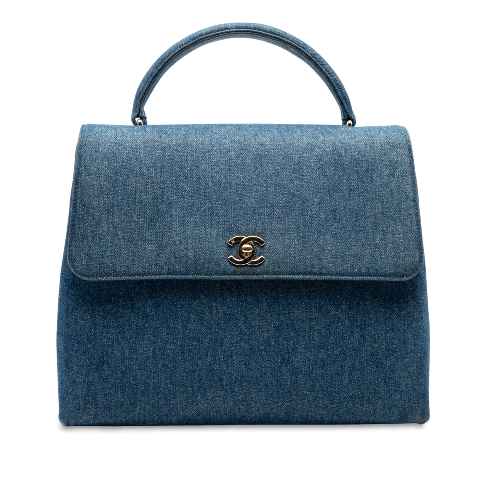 Chanel CC Denim Kelly Top Handle Bag Blue Fabric: Chanel CC Denim Kelly Top Handle Bag Blue Fabric Elevate your collection with the Chanel CC Denim Kelly Top Handle Bag. This stylish handbag features a chic denim body, complemented by a rolled top ha