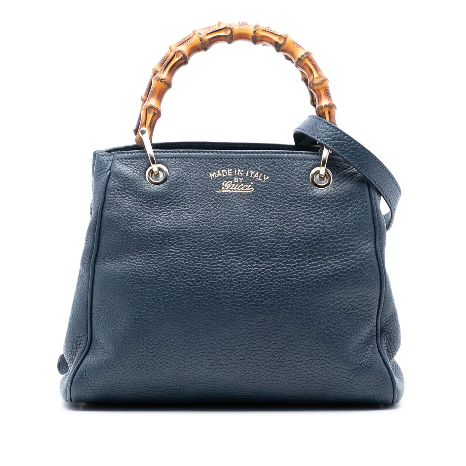 Blue Leather Bamboo Handle Small Shopper Bag by Gucci: Blue Leather Bamboo Handle Small Shopper Bag by Gucci This Gucci Small Calfskin Bamboo Shopper Satchel features a blue leather body with signature bamboo top handles. It includes a detachable and adju