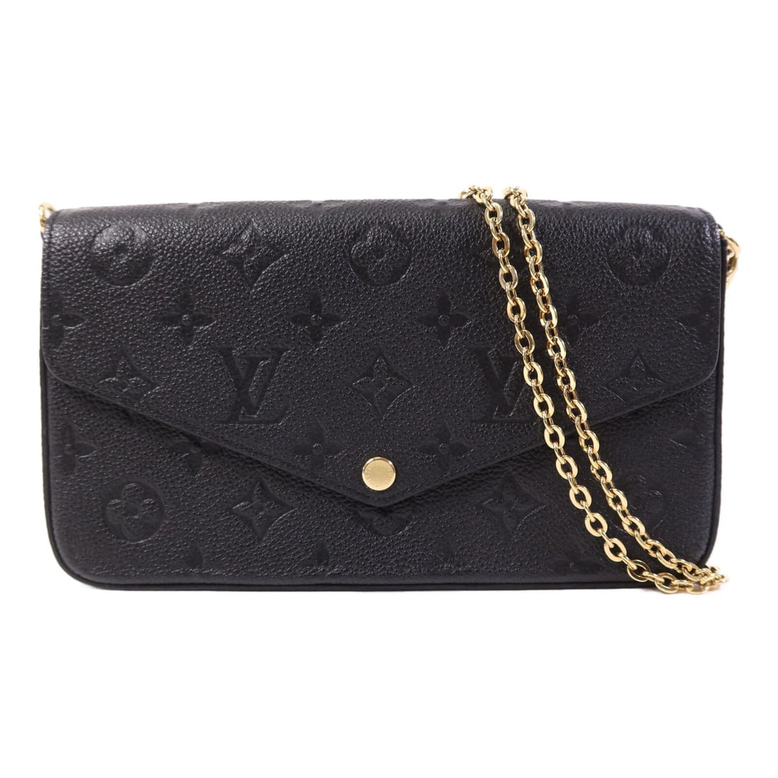 Louis Vuitton Felicie Pochette Black Calfskin Shoulder Bag M82477 Monogram: Louis Vuitton Felicie Pochette Black Calfskin Shoulder Bag M82477 Monogram This Louis Vuitton Felicie Pochette shoulder bag features the Monogram Empreinte design in black calfskin leather. Crafted in