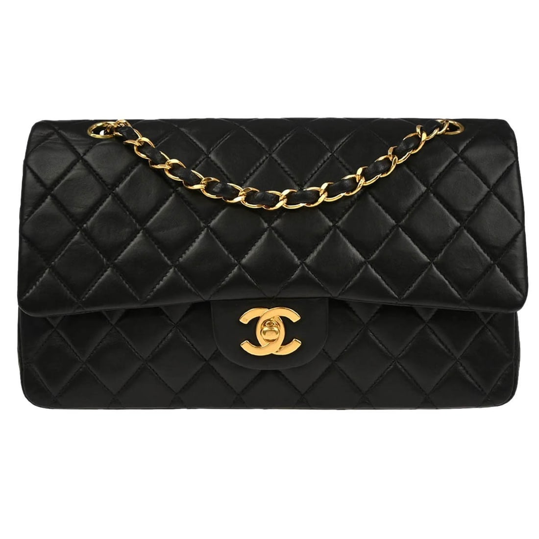 Medium Classic Double Flap Shoulder Bag in Black Lambskin by Chanel: Medium Classic Double Flap Shoulder Bag in Black Lambskin by Chanel This Chanel Classic Double Flap shoulder bag is crafted from black lambskin leather and features a medium-sized silhouette. The bag
