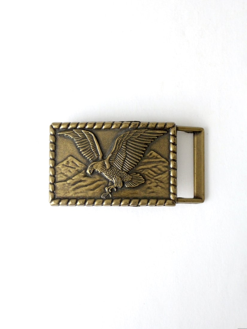 Vintage 1970s Brass Belt Buckle with Soaring Eagle Design: Vintage 1970s Brass Belt Buckle with Soaring Eagle Design This vintage brass belt buckle from the 1970s features a striking design of a soaring eagle on a rectangular plate. The buckle is in good cond