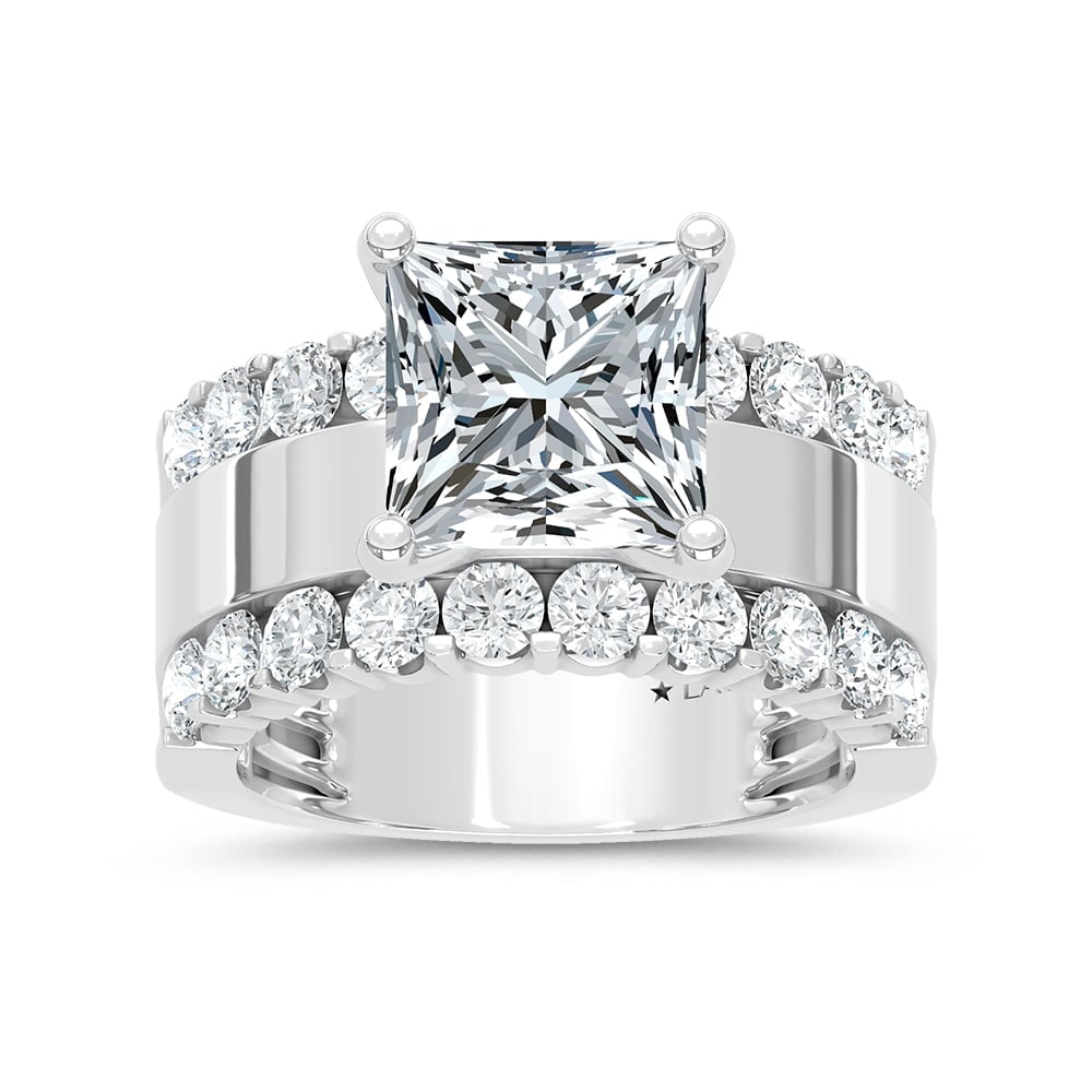 14K White Gold 4 1/2 Ct.Tw. Lab Grown Diamond Princess Shape Machine Ring (IGI Certified Center 3ct): 14K White Gold 4 1/2 Ct.Tw. Lab Grown Diamond Princess Shape Machine Ring (IGI Certified Center 3ct) 14k White Gold Stone Color: D-f Stone Clarity: Vs Each ring is presented in standard size 6.5. Comp