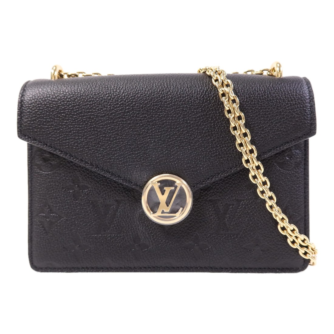 Louis Vuitton Monogram Empreinte Black Wallet on Chain with Gold Hardware: Louis Vuitton Monogram Empreinte Black Wallet on Chain with Gold Hardware This Louis Vuitton Wallet On Chain features the signature Monogram Empreinte design in black calfskin. The piece is designed a