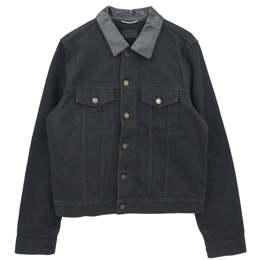 Saint Laurent Black Denim Collared Jacket in Size M: Saint Laurent Black Denim Collared Jacket in Size M This Saint Laurent single breasted denim jacket is crafted from 100% cotton and features a classic collared design with long sleeves and button clos
