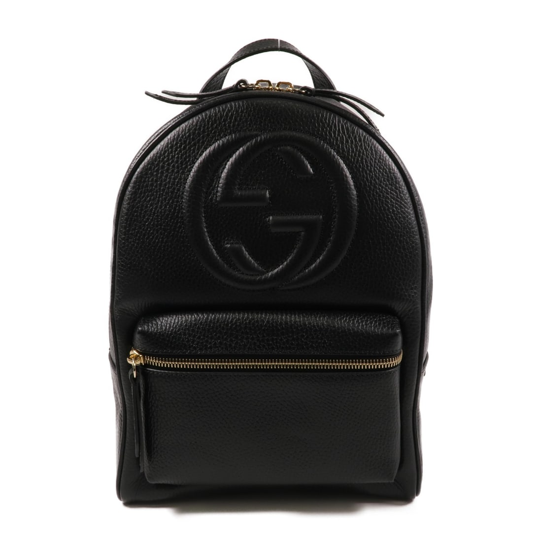 Gucci Soho Black Calfskin Leather GG Backpack with Gold Hardware: Gucci Soho Black Calfskin Leather GG Backpack with Gold Hardware This Gucci Soho rucksack backpack is crafted from black calfskin leather and features a classic design with gold-tone hardware. Made in