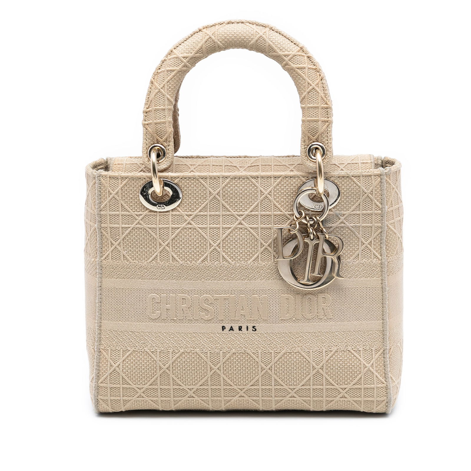 Medium Lady D Lite Canvas Cannage Bag by Dior: Medium Lady D Lite Canvas Cannage Bag by Dior This Dior Medium Canvas Cannage Lady D-Lite features a brown fabric body with signature cannage stitching, flat handles, a fold-in flap closure, and inter
