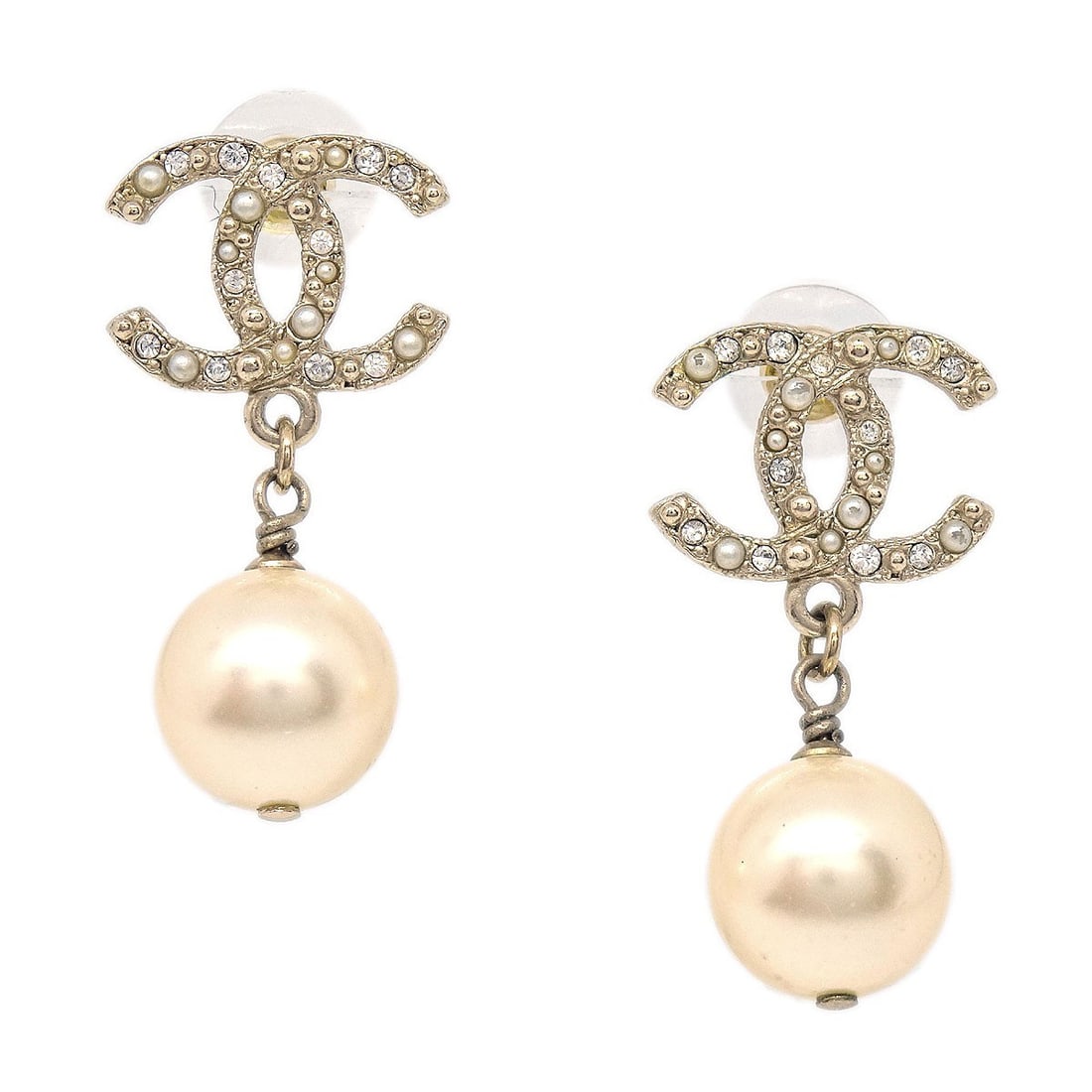Gold Plated Rhinestone CC Dangle Earrings With Pearls By Chanel (1 of 4)