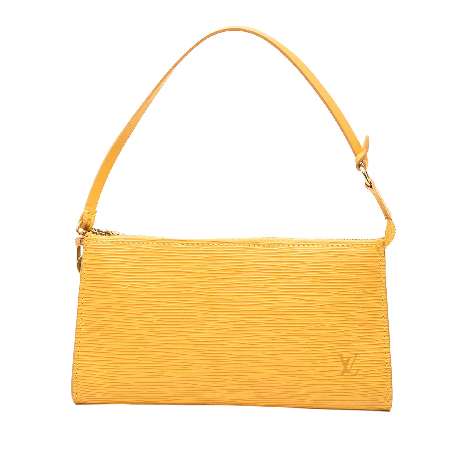 Louis Vuitton Epi Leather Pochette Accessoires Yellow Shoulder Bag: Louis Vuitton Epi Leather Pochette Accessoires Yellow Shoulder Bag This Louis Vuitton Epi Pochette Accessoires features a durable epi leather body in yellow, a flat leather shoulder strap, and a top z