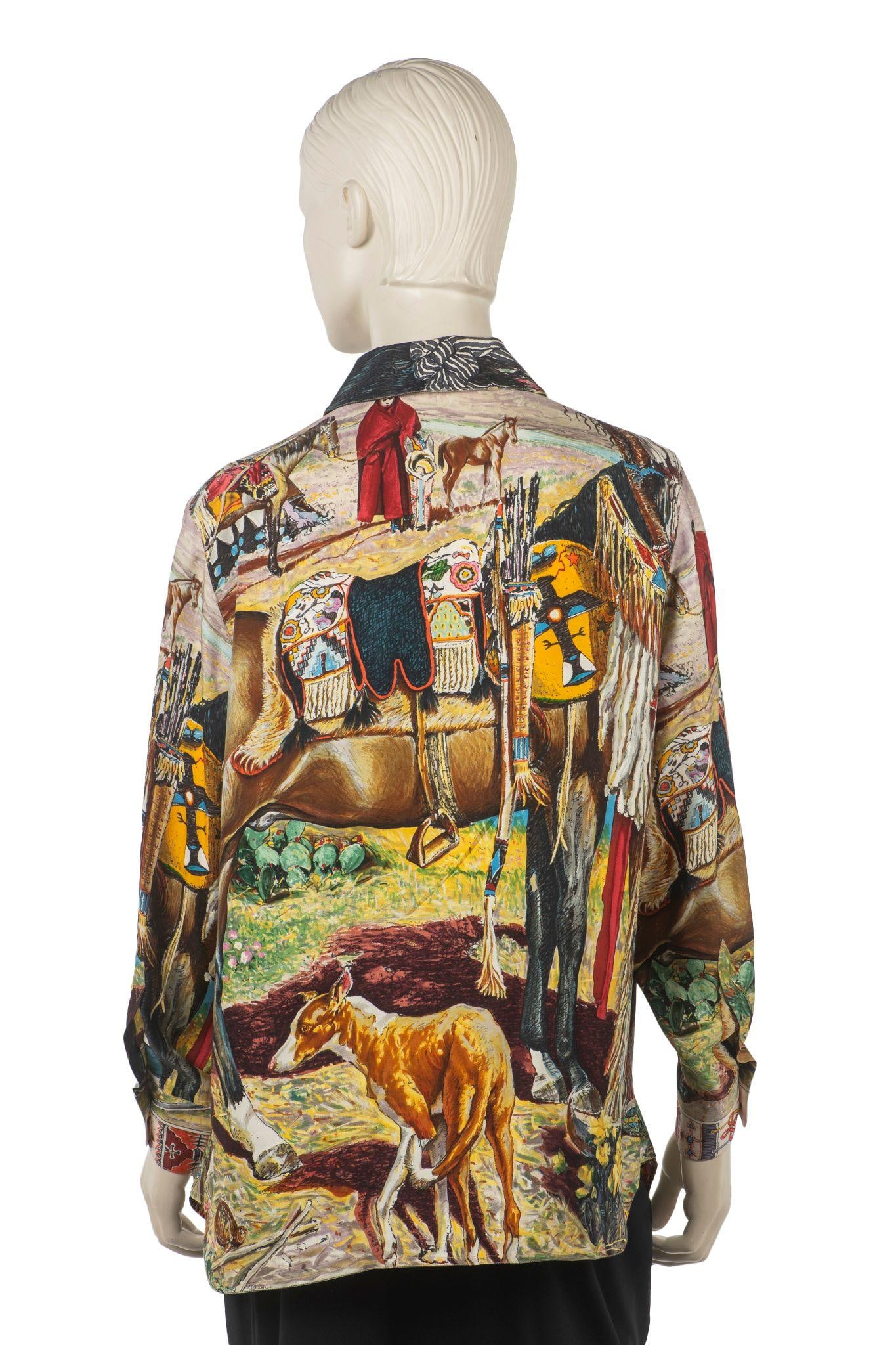 Hermes Les Cheyennes Silk Shirt by Kermit Oliver Vintage 1990s - 3