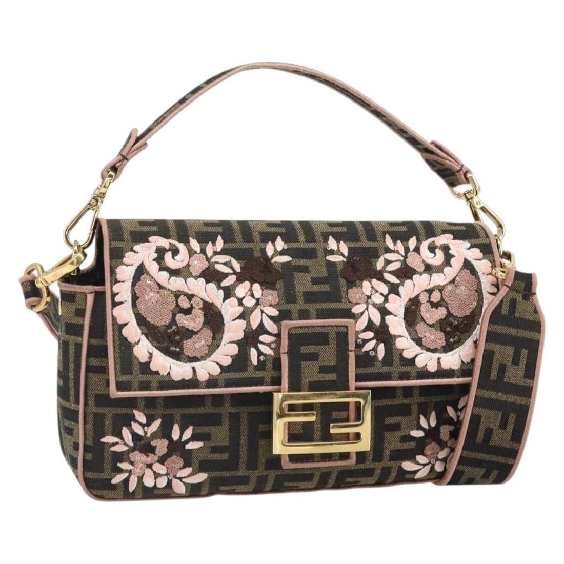 Zucca Canvas Shoulder Bag by Fendi Black Brown Gold with Dust Bag: Zucca Canvas Shoulder Bag by Fendi Black Brown Gold with Dust Bag This FENDI Zucca Canvas shoulder bag features the iconic black, brown, and gold color scheme. Crafted in Italy, it offers a classic si