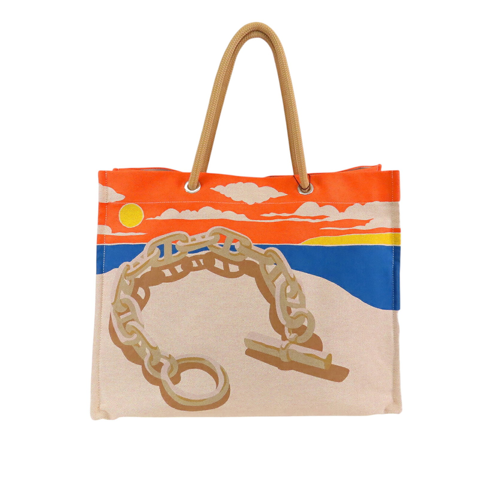 Toile Escale a la Plage Tote by Hermes with Canvas and Rope Handles: Toile Escale a la Plage Tote by Hermes with Canvas and Rope Handles The Hermes Toile Escale a la Plage Beach Bag is crafted from durable fabric in a brown color and features rolled rope handles. The b