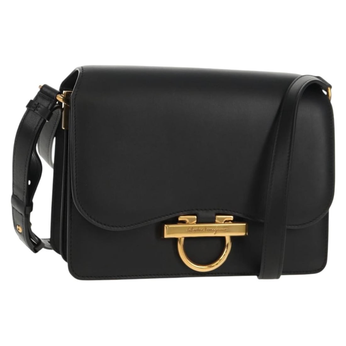 Salvatore Ferragamo Gancini Joan Black Gold Leather Shoulder Bag Auth: Salvatore Ferragamo Gancini Joan Black Gold Leather Shoulder Bag Auth Introducing the Salvatore Ferragamo Gancini Joan Shoulder Bag, a luxurious accessory crafted in Italy. This elegant shoulder bag