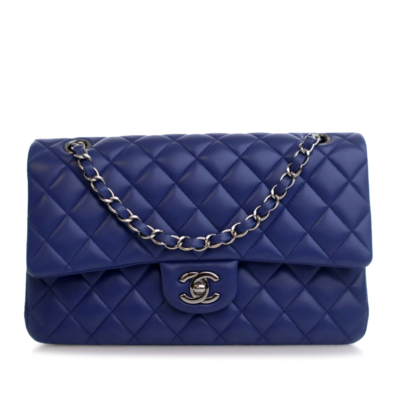 Chanel Medium Classic Blue Lambskin Double Flap Bag: Chanel Medium Classic Blue Lambskin Double Flap Bag This stunning Chanel Medium Classic Lambskin Double Flap shoulder bag showcases a luxurious quilted lambskin body in a beautiful blue hue. It featur