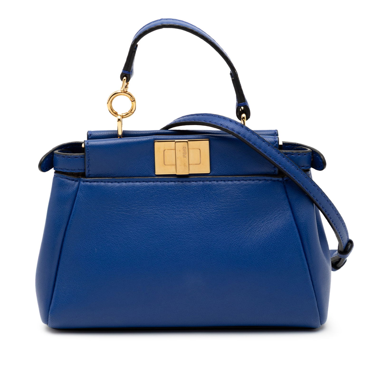 Fendi Micro Peekaboo Blue Leather Satchel With Adjustable Strap: Fendi Micro Peekaboo Blue Leather Satchel With Adjustable Strap This Fendi Micro Shiny Nappa Peekaboo Iconic Satchel features a blue leather body with a flat leather handle and a detachable, adjustabl