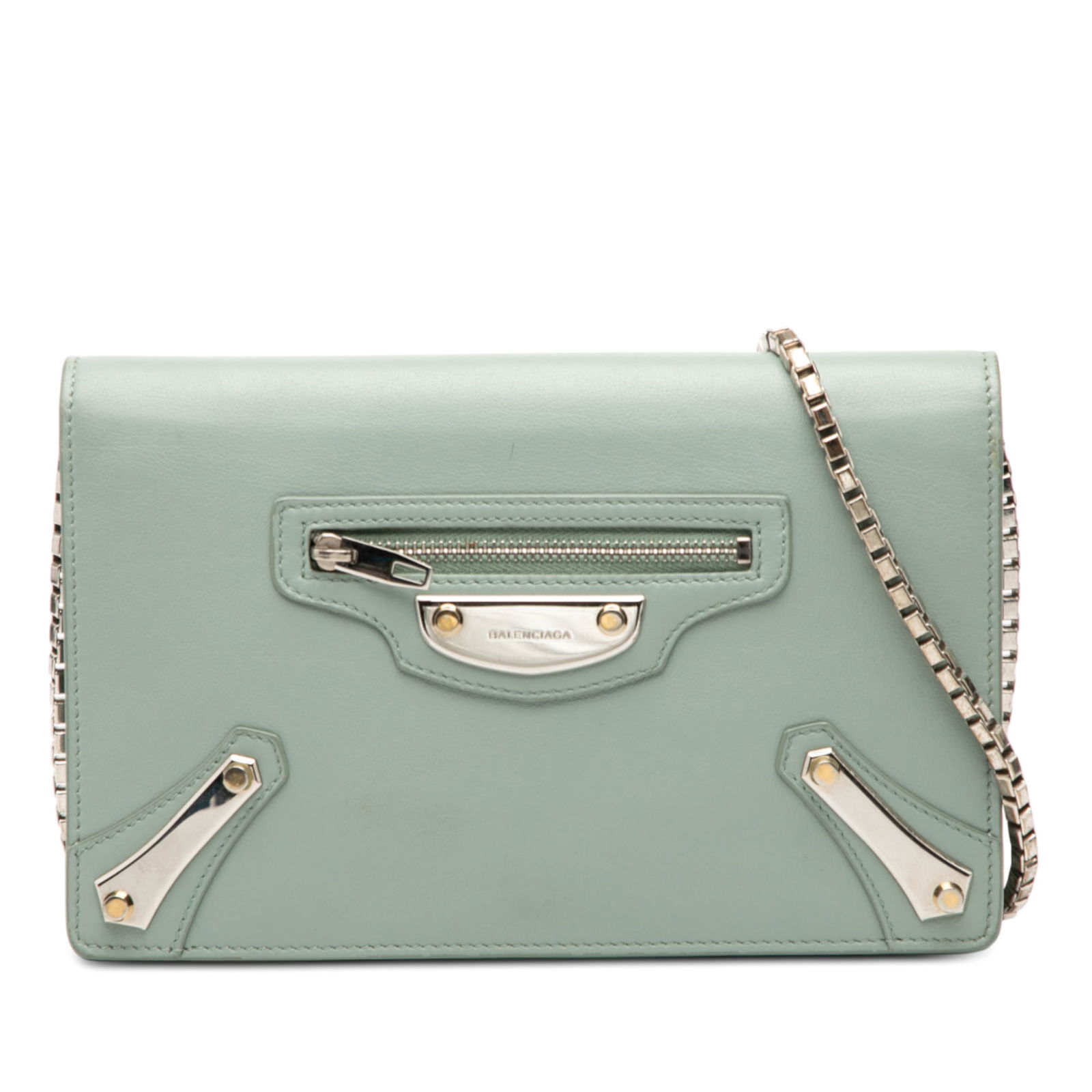 Balenciaga City Wallet on Chain Green Leather with Metal Plate Detail: Balenciaga City Wallet on Chain Green Leather with Metal Plate Detail This Balenciaga Leather Metal Plate City Wallet on Chain is crafted from green leather and features metal plate hardware. The desi