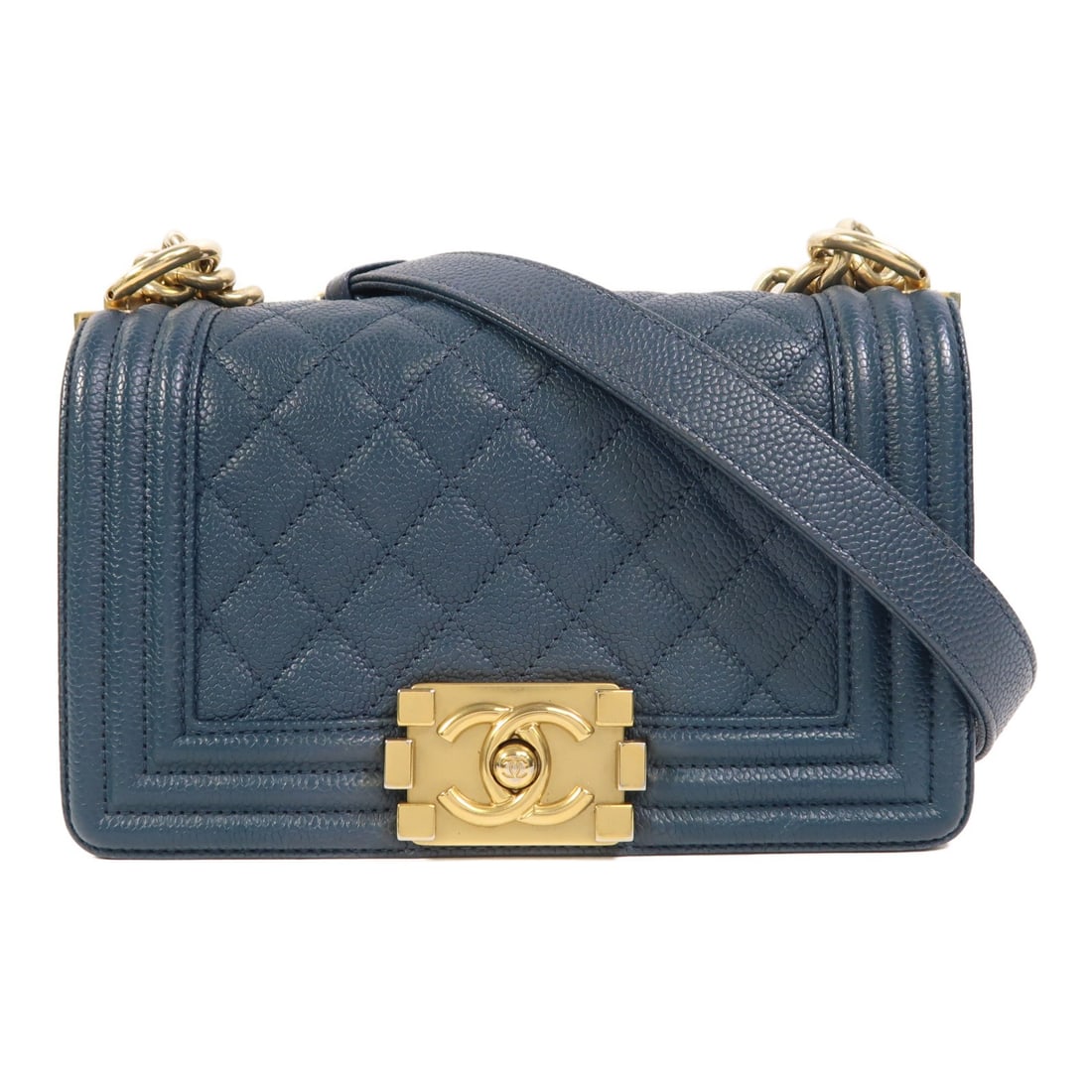 Blue Calfskin CHANEL Boy 20 Shoulder Bag with CC Gold Hardware: Blue Calfskin CHANEL Boy 20 Shoulder Bag with CC Gold Hardware This CHANEL Boy 20 Chain Shoulder Bag features a blue calfskin leather exterior and a classic CC clasp. The bag offers a structured silho
