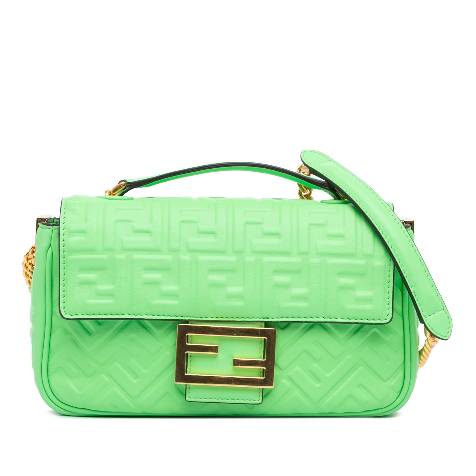 Fendi Zucca Green Leather Chain Midi Baguette Shoulder Bag: Fendi Zucca Green Leather Chain Midi Baguette Shoulder Bag Elevate your accessory collection with this Fendi Zucca Embossed Leather Chain Midi Baguette. Crafted from luxurious embossed leather, this s