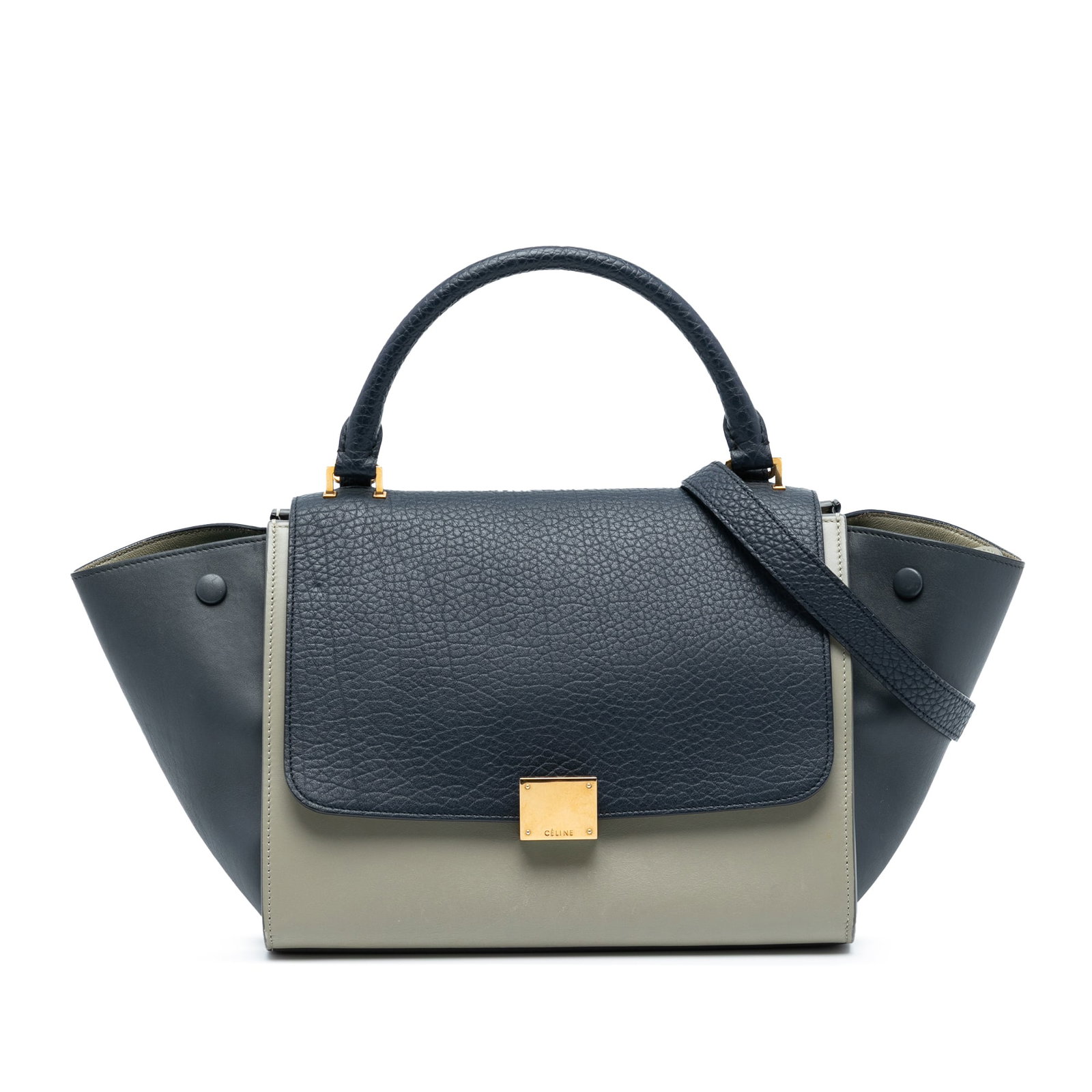 Tricolor Leather Medium Trapeze Shoulder Bag by Celine with Top Handle: Tricolor Leather Medium Trapeze Shoulder Bag by Celine with Top Handle This Celine Medium Tricolor Trapeze Satchel showcases a striking tricolor leather body, complemented by a rolled leather top hand