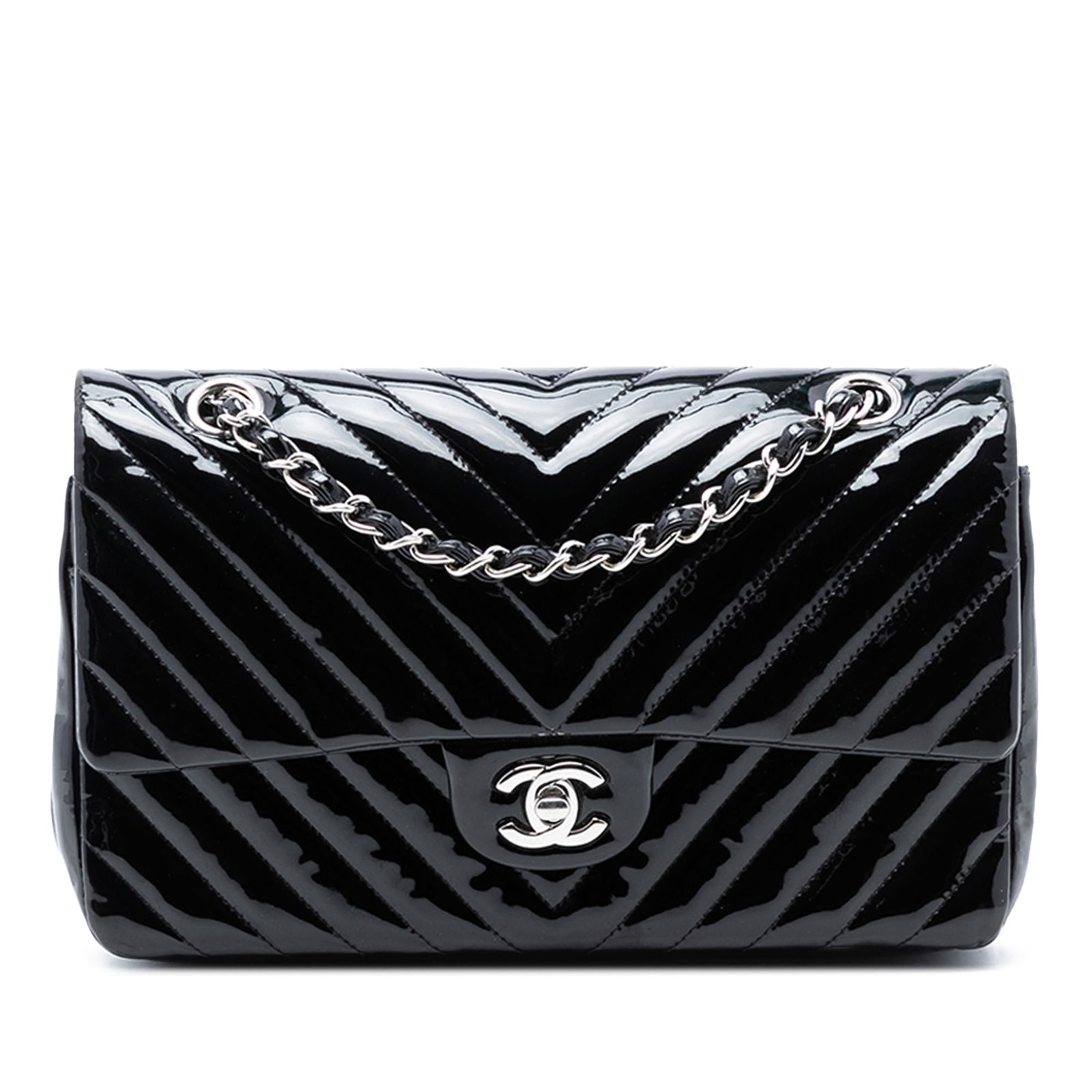 Chanel Black Patent Leather Medium Chevron Double Flap Shoulder Bag (1 of 8)