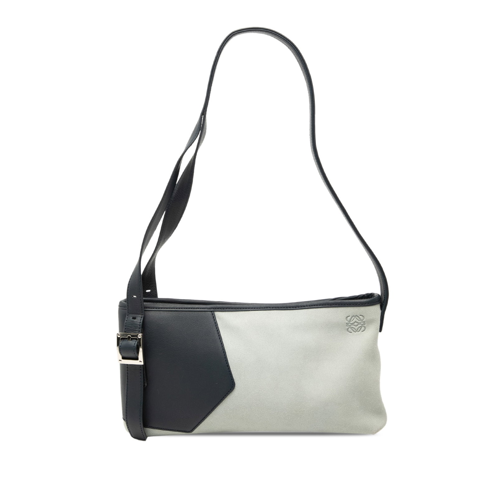 Loewe Anagram Suede Shoulder Bag with Leather Trim: Loewe Anagram Suede Shoulder Bag with Leather Trim This LOEWE shoulder bag features a gray suede body with leather trim and a flat leather shoulder strap. It is designed with a top zip closure and inc