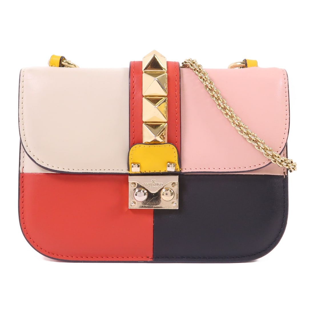 Valentino Garavani Glam Lock Red Calfskin Chain Shoulder Bag with Gold Hardware: Valentino Garavani Glam Lock Red Calfskin Chain Shoulder Bag with Gold Hardware This Valentino Garavani Glam Lock chain shoulder bag features calfskin leather in a striking red color with black accent