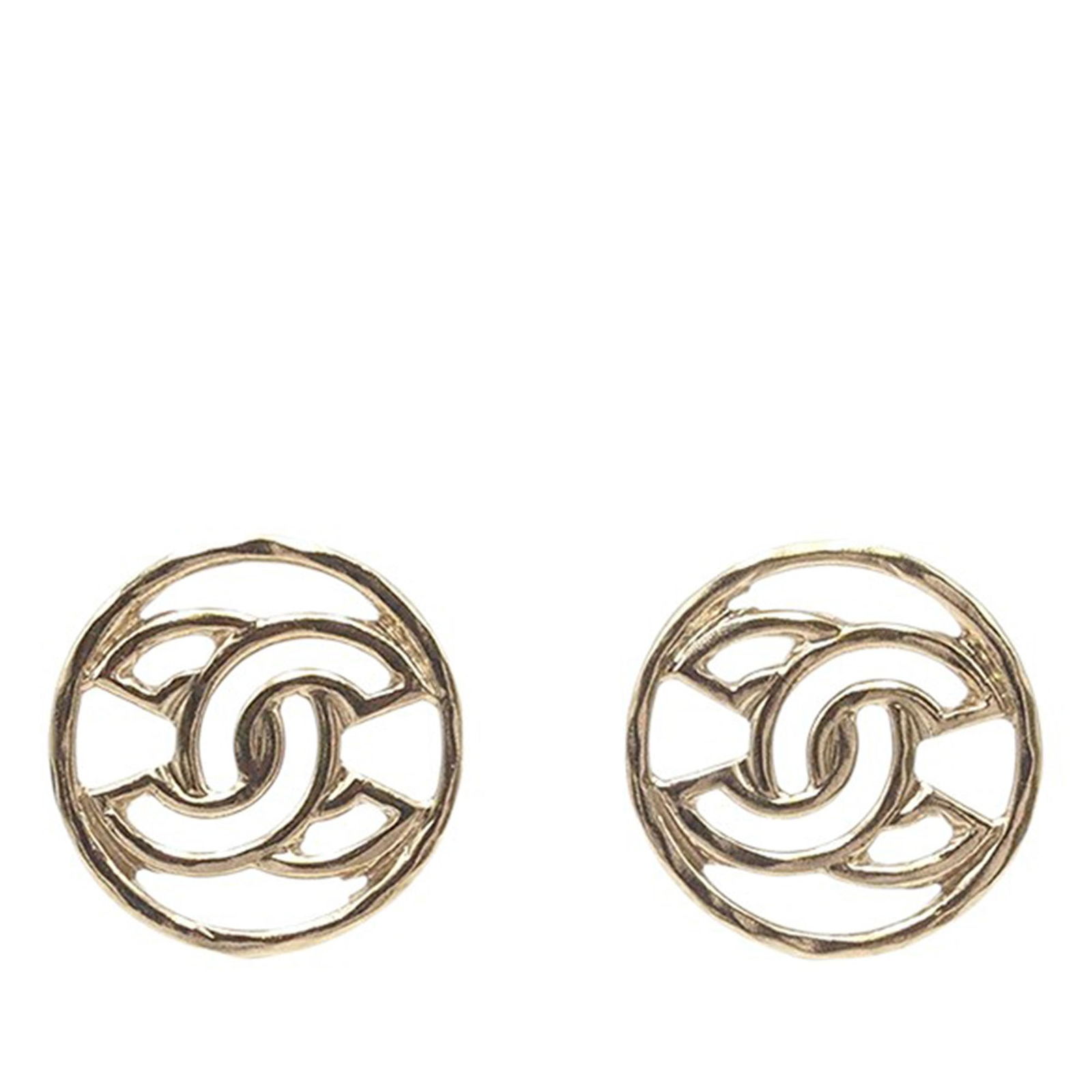 Chanel CC Logo Gold Plated Metal Round Earrings with Push Backs: Chanel CC Logo Gold Plated Metal Round Earrings with Push Backs These Chanel earrings feature a gold-plated metal body in a round design with the signature CC motif and a push back (bullet back) closu
