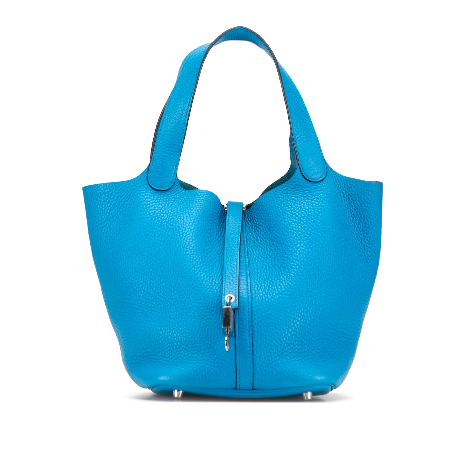 Hermes Clemence Picotin Lock 18 Bleu Izmir Leather Bag: Hermes Clemence Picotin Lock 18 Bleu Izmir Leather Bag The Hermes Clemence Picotin Lock 18 is a stylish and practical bag crafted from luxurious Clemence leather in a stunning Bleu Izmir color. This b