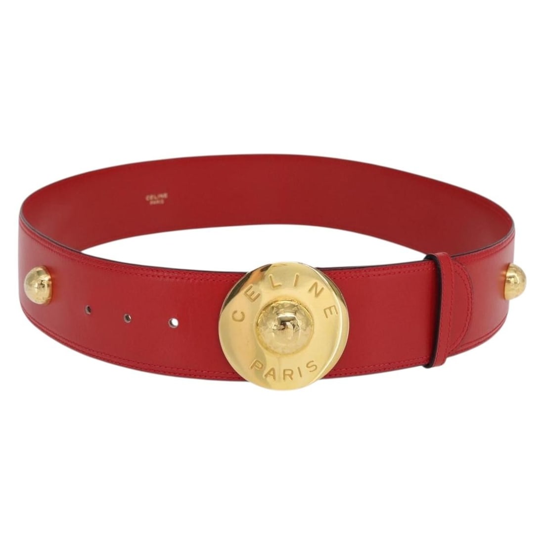 Celine Red and Gold Leather Belt 36.6 Inch with Dust Bag: Celine Red and Gold Leather Belt 36.6 Inch with Dust Bag This CELINE belt features a striking gold and red leather design, crafted in Italy. The belt measures approximately 36.6 inches in total length
