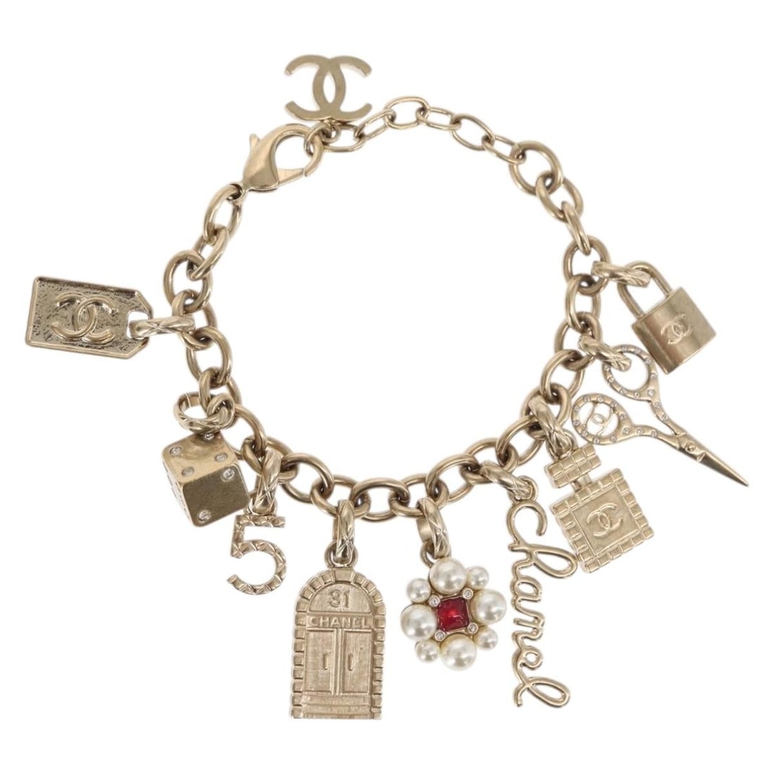 Gold Metal Chanel Coco Mark Bracelet with Box 23cm Italy: Gold Metal Chanel Coco Mark Bracelet with Box 23cm Italy This CHANEL bracelet features the iconic CC logo and is crafted from gold-tone metal. Made in Italy, it has a total length of approximately 23