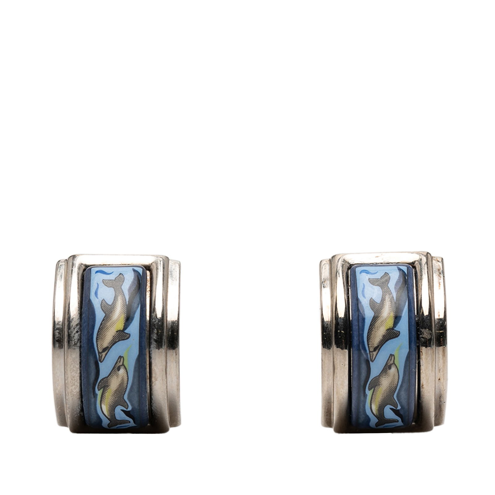 Hermes Blue Enamel Dolphin Motif Clip Earrings Palladium Hardware: Hermes Blue Enamel Dolphin Motif Clip Earrings Palladium Hardware These Hermes clip-on earrings showcase a printed enamel dolphin design accented with palladium-plated hardware. The earrings feature a