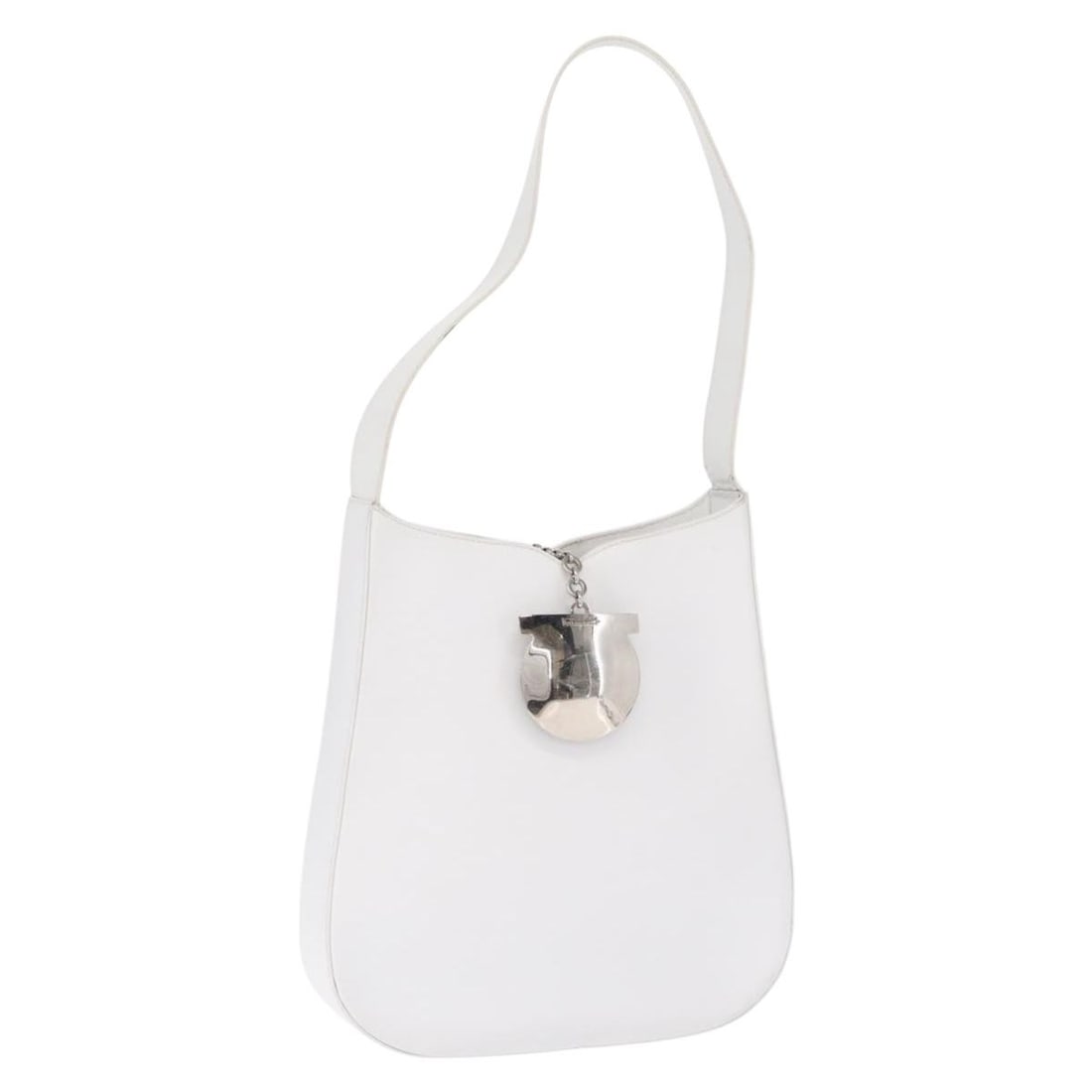 Salvatore Ferragamo Gancini Leather Shoulder Bag White 27x28x7cm: Salvatore Ferragamo Gancini Leather Shoulder Bag White 27x28x7cm This Salvatore Ferragamo Gancini shoulder bag is crafted from white leather and designed for women. It features a shoulder strap and me