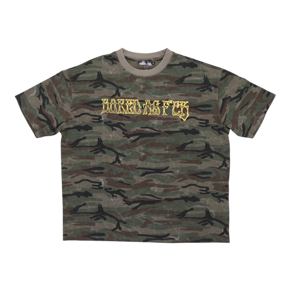 Limited Edition Camo Graphic Tee by Boredom Kills: Limited Edition Camo Graphic Tee by Boredom Kills The Boredom Kills Bored As Fuck Camo Tee is a limited-edition t-shirt featuring a bold graphic print on a classic camo pattern. Made from 100% soft co